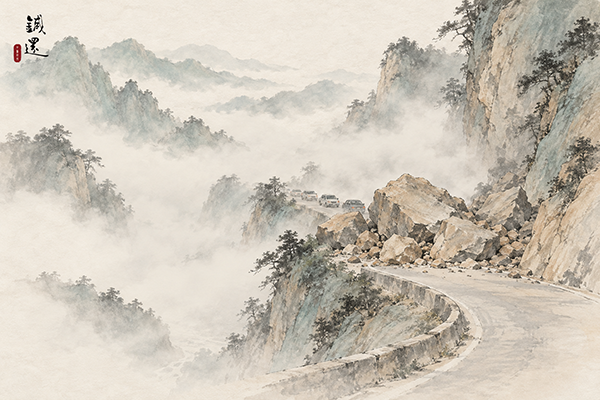 胸痹型心悸比喻插畫:被落石與濃霧阻斷的山路,象徵胸口氣機被堵住,王柏鈞醫師說明