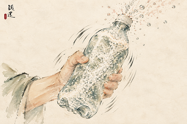 氣鬱型心悸比喻插畫:被劇烈搖晃、氣泡噴出的汽水瓶,象徵壓力與情緒累積,王柏鈞醫師說明