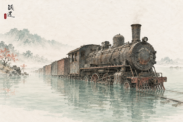 停水型心悸比喻插畫:泡在水中停擺的蒸汽火車,象徵體內水液代謝不良,王柏鈞醫師說明